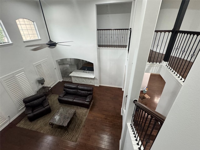 14410 Brentshire Ln, Houston, TX 77069 - living area with hardwood / wood-style floors, a ceiling fan, and a high ceiling