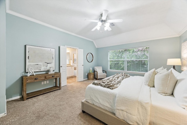 1339 Ella Pl, Houston, TX 77008 - bedroom with ornamental molding, carpet, vaulted ceiling, a ceiling fan, and ensuite bath