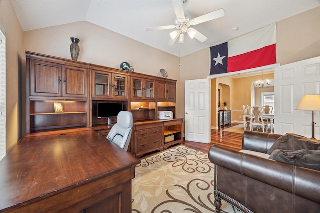 7206 Broadelm Dr, Houston, TX 77095 - office space with high vaulted ceiling, ceiling fan, light wood-style floors, and a chandelier