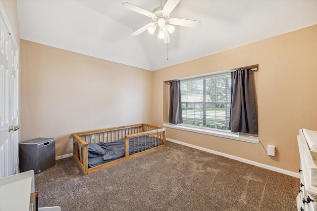 7206 Broadelm Dr, Houston, TX 77095 - carpeted bedroom featuring lofted ceiling and a ceiling fan