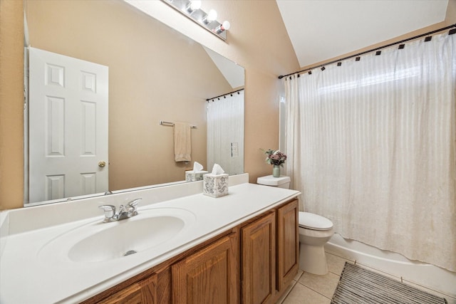 7206 Broadelm Dr, Houston, TX 77095 - full bath featuring vaulted ceiling, tile patterned floors, vanity, and shower / bath combo with shower curtain