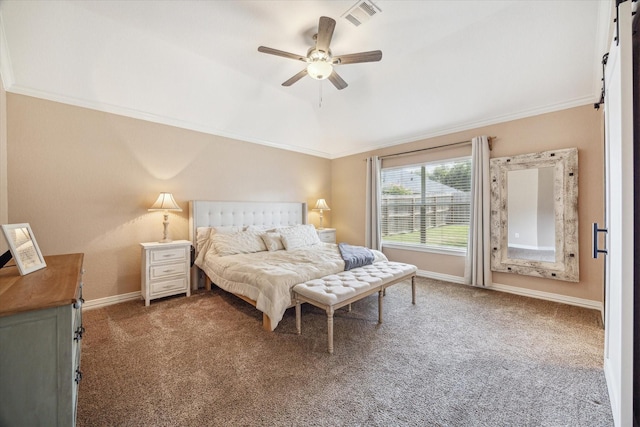 7206 Broadelm Dr, Houston, TX 77095 - carpeted bedroom featuring ornamental molding, vaulted ceiling, and ceiling fan