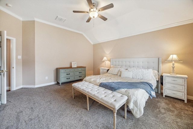 7206 Broadelm Dr, Houston, TX 77095 - bedroom with crown molding, carpet, vaulted ceiling, and a ceiling fan