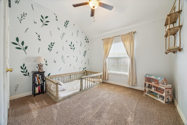 7206 Broadelm Dr, Houston, TX 77095 - carpeted bedroom with lofted ceiling, a nursery area, and a ceiling fan