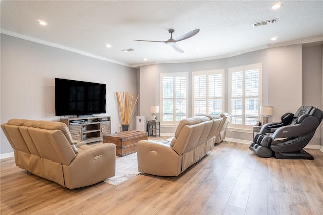 503 Detering St, Houston, TX 77007 - living room featuring ceiling fan, light wood finished floors, ornamental molding, and recessed lighting