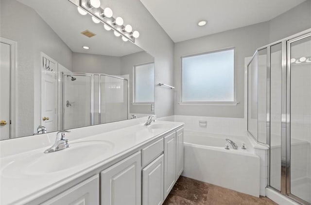 8814 Silent Willow Ln, Sugar Land, TX 77479 - bathroom with a stall shower, a garden tub, double vanity, and recessed lighting