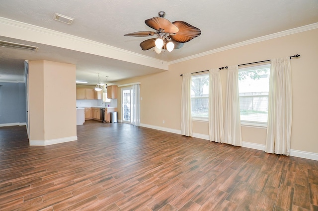 15018 Moss Boulder Ct, Houston, TX 77084 - unfurnished living room with dark wood finished floors, a ceiling fan, and ornamental molding