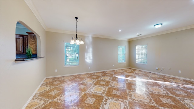 4106 Friar Point Rd, Houston, TX 77047 - unfurnished room with arched walkways, crown molding, a chandelier, and light tile patterned floors