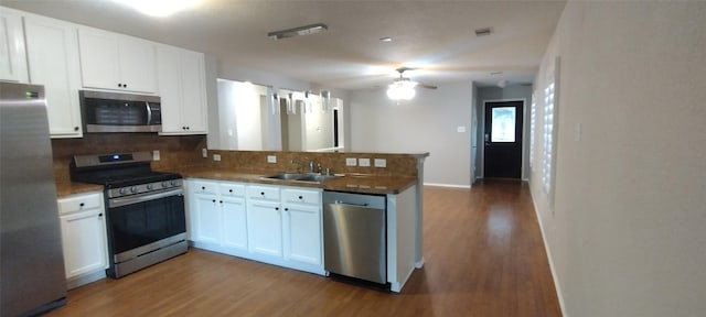 2518 Skyview Cove Ct, Houston, TX 77047 - kitchen featuring stainless steel appliances, a peninsula, wood finished floors, and tasteful backsplash