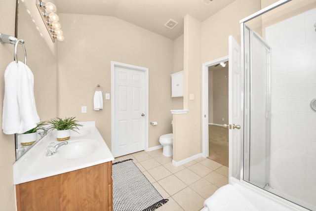 20234 Goss Hollow Ln, Katy, TX 77449 - bathroom featuring double vanity, a shower stall, tile patterned flooring, and lofted ceiling