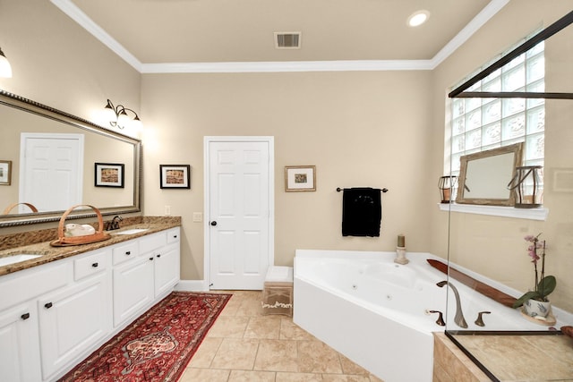 9419 Pecos Pass Ct, Cypress, TX 77433 - full bath with double vanity, a jetted tub, crown molding, and tile patterned flooring