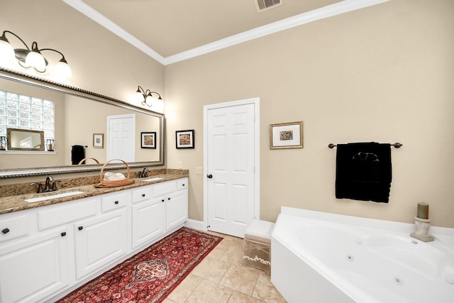 9419 Pecos Pass Ct, Cypress, TX 77433 - full bathroom with crown molding, double vanity, a jetted tub, and tile patterned flooring