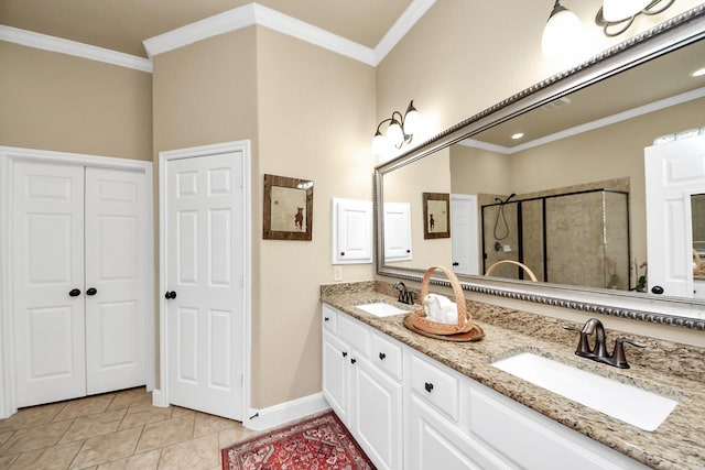 9419 Pecos Pass Ct, Cypress, TX 77433 - bathroom with a shower stall, double vanity, crown molding, and tile patterned floors