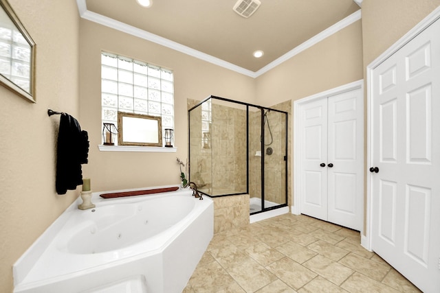 9419 Pecos Pass Ct, Cypress, TX 77433 - full bathroom featuring a jetted tub, a stall shower, and crown molding