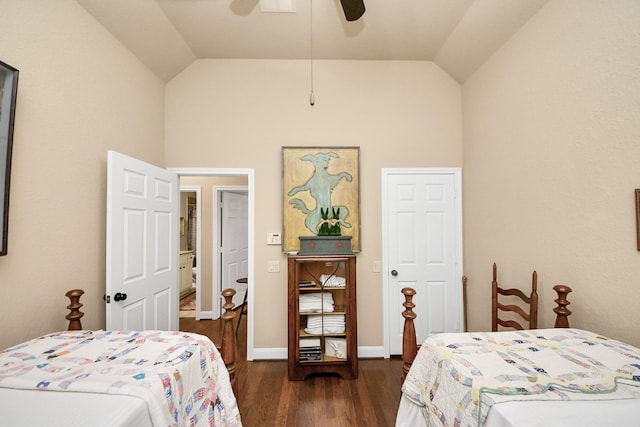 9419 Pecos Pass Ct, Cypress, TX 77433 - bedroom featuring high vaulted ceiling, dark wood finished floors, and a ceiling fan