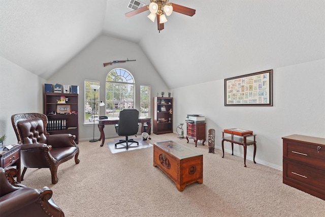 3330 Lake Island Dr, Montgomery, TX 77356 - office area with ceiling fan, light carpet, and lofted ceiling