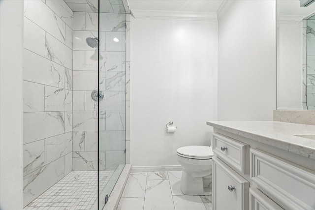 1976 Vermont St, Houston, TX 77019 - bathroom featuring marble finish floors, ornamental molding, vanity, and tiled shower