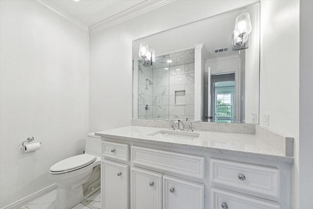 1976 Vermont St, Houston, TX 77019 - full bath featuring marble look tiles, crown molding, vanity, and tiled shower