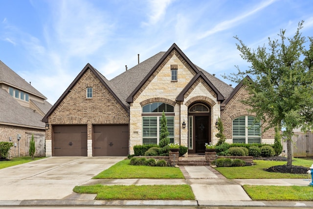 19219 Spotted Bass Ln, Cypress, TX 77433 - view of front of home featuring brick siding, a shingled roof, driveway, stone siding, and a garage
