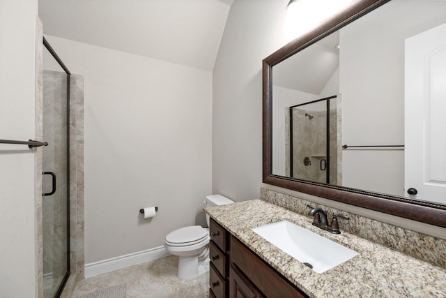 19219 Spotted Bass Ln, Cypress, TX 77433 - full bathroom with lofted ceiling, vanity, a shower stall, and tile patterned flooring
