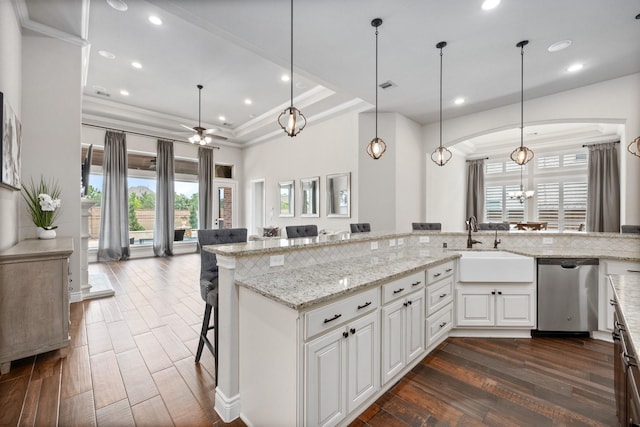 19219 Spotted Bass Ln, Cypress, TX 77433 - kitchen with stainless steel dishwasher, a ceiling fan, a raised ceiling, a breakfast bar, and recessed lighting