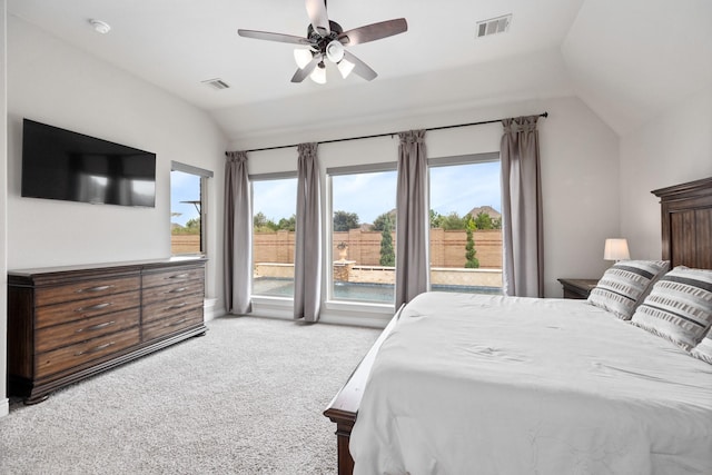 19219 Spotted Bass Ln, Cypress, TX 77433 - carpeted bedroom featuring lofted ceiling, access to outside, and ceiling fan