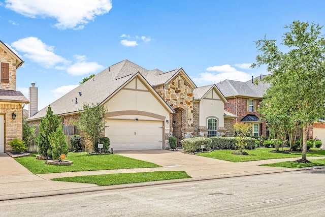6230 Ledger Ln, Missouri City, TX 77459 - english style home with stone siding, concrete driveway, an attached garage, stucco siding, and a front yard
