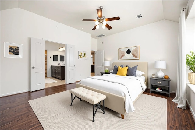 6230 Ledger Ln, Missouri City, TX 77459 - bedroom featuring wood finished floors, lofted ceiling, connected bathroom, and ceiling fan