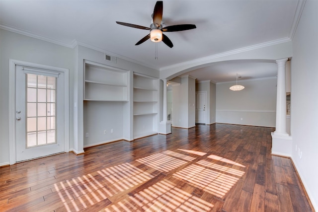 2111 Welch St Unit A107, Houston, TX 77019 - unfurnished room with decorative columns, a ceiling fan, ornamental molding, arched walkways, and wood finished floors