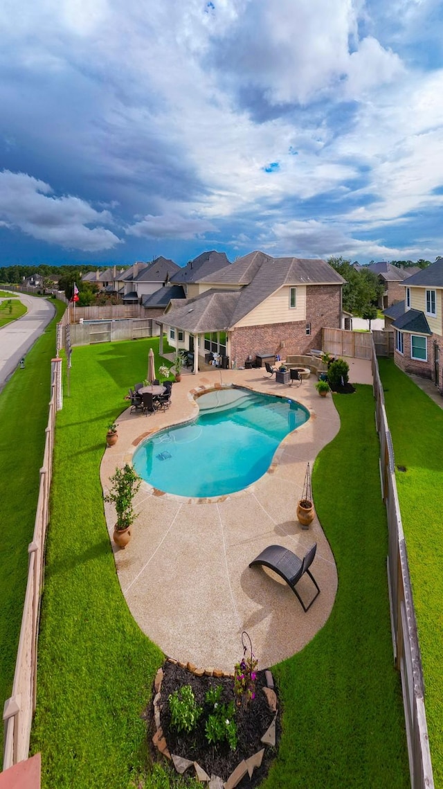 19334 St Winfred Dr, Spring, TX 77379 - view of swimming pool with a fenced backyard, a patio, and a residential view