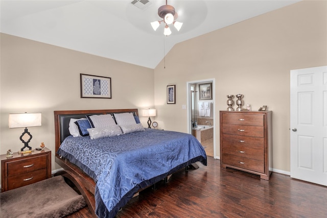 19334 St Winfred Dr, Spring, TX 77379 - bedroom with wood finished floors, high vaulted ceiling, connected bathroom, and a ceiling fan
