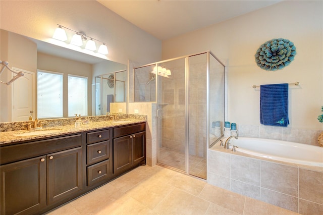 3411 Brampton Island Dr, Katy, TX 77494 - bathroom with double vanity, a shower stall, a bath, and tile patterned flooring