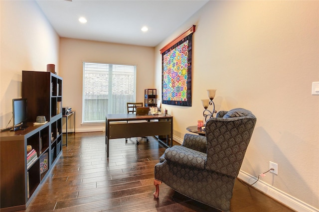 3411 Brampton Island Dr, Katy, TX 77494 - home office featuring dark wood-style flooring and recessed lighting