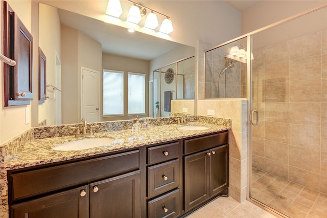 3411 Brampton Island Dr, Katy, TX 77494 - full bathroom with a stall shower, double vanity, and tile patterned floors