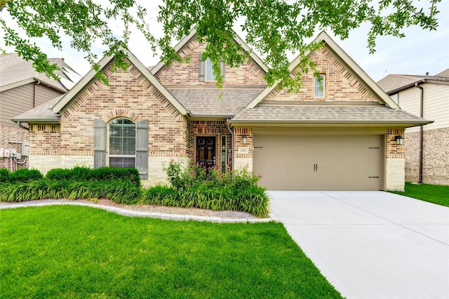 3411 Brampton Island Dr, Katy, TX 77494 - view of front facade with brick siding, roof with shingles, driveway, and a front lawn