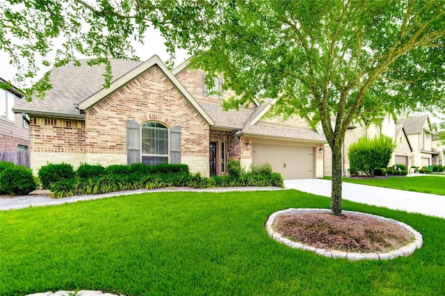 3411 Brampton Island Dr, Katy, TX 77494 - view of front of house featuring driveway, a front lawn, brick siding, a shingled roof, and a garage