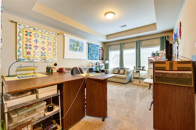 3411 Brampton Island Dr, Katy, TX 77494 - office with a tray ceiling and light colored carpet