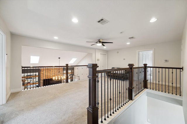 1802 Cedar Creek Ct, Houston, TX 77077 - hallway featuring recessed lighting, carpet flooring, a skylight, and an upstairs landing