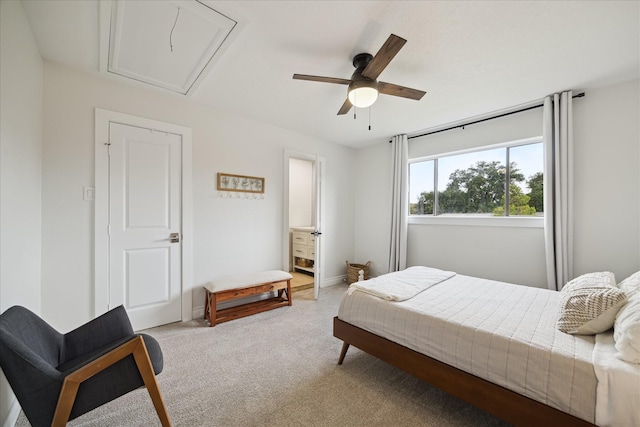 1802 Cedar Creek Ct, Houston, TX 77077 - bedroom with light carpet, attic access, and ceiling fan