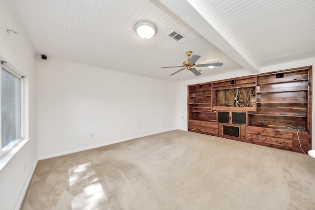 1404 Aldrich St, Houston, TX 77055 - unfurnished living room featuring carpet, a ceiling fan, and beamed ceiling