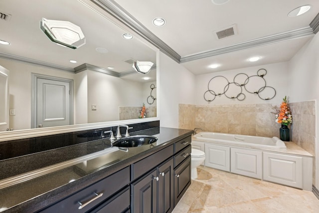 49 Briar Hollow Ln Unit 702, Houston, TX 77027 - bathroom with ornamental molding, a bath, vanity, and recessed lighting