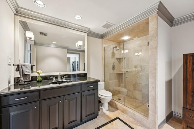 49 Briar Hollow Ln Unit 702, Houston, TX 77027 - full bathroom featuring ornamental molding, inlaid floor details, vanity, a shower stall, and recessed lighting