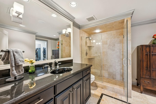 49 Briar Hollow Ln Unit 702, Houston, TX 77027 - bathroom with ornamental molding, a shower stall, vanity, recessed lighting, and inlaid floor details