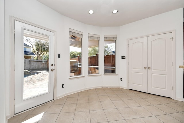 6423 Middlelake Ct, Katy, TX 77450 - unfurnished dining area featuring a ceiling fan, recessed lighting, and light tile patterned floors