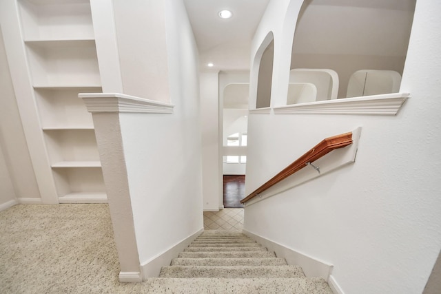 6423 Middlelake Ct, Katy, TX 77450 - staircase featuring built in shelves and recessed lighting