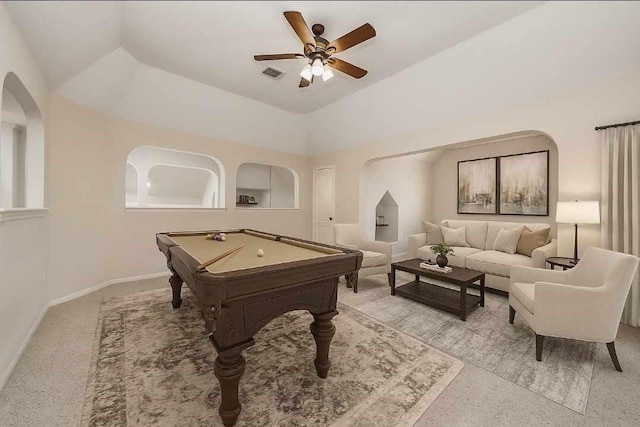 6423 Middlelake Ct, Katy, TX 77450 - game room featuring ceiling fan, billiards, vaulted ceiling, and arched walkways