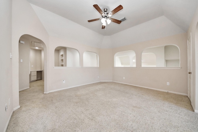 6423 Middlelake Ct, Katy, TX 77450 - carpeted spare room with ceiling fan, lofted ceiling, and arched walkways