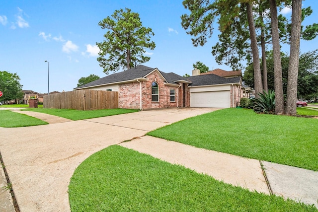 23803 Spring Way Dr, Spring, TX 77373 - view of front of property with brick siding, a garage, a chimney, concrete driveway, and a shingled roof