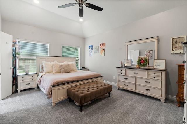 23803 Spring Way Dr, Spring, TX 77373 - bedroom featuring carpet flooring, vaulted ceiling, and a ceiling fan