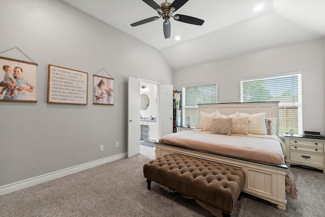 23803 Spring Way Dr, Spring, TX 77373 - carpeted bedroom featuring lofted ceiling, recessed lighting, ensuite bath, and ceiling fan